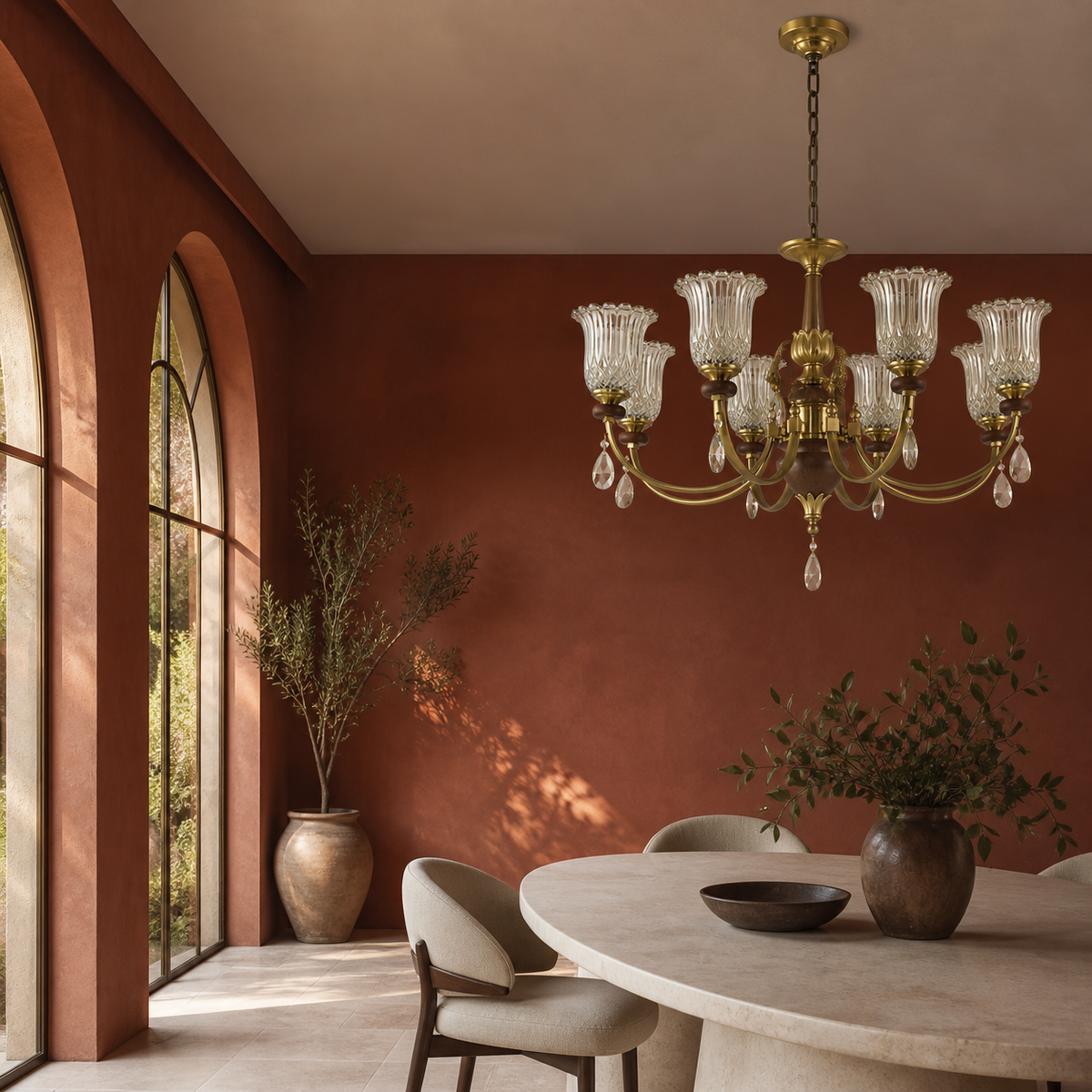 Eight-light ribbed tulip glass chandelier off center in a rust-toned orangery
