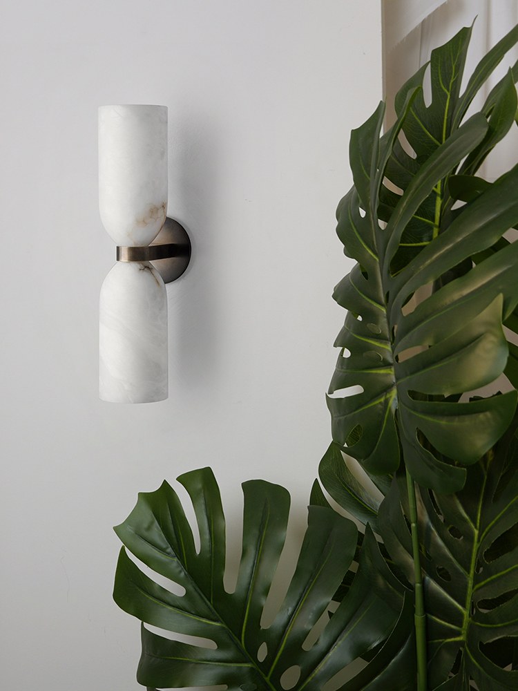 Modern Alabaster Cylinder Wall Sconce in Antique Brass - 02 02-scene--alabaster-cylinder-wall-sconce-living-room