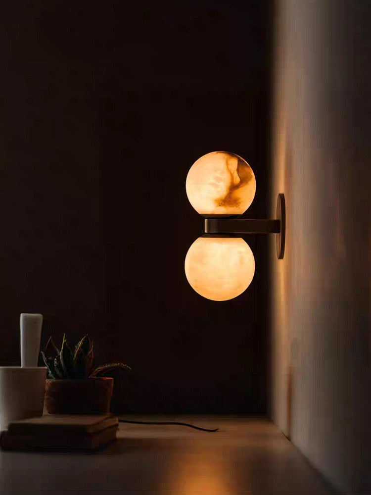 Modern Alabaster Double Globe Wall Sconce in Antique Brass - 02 02-scene-ambient