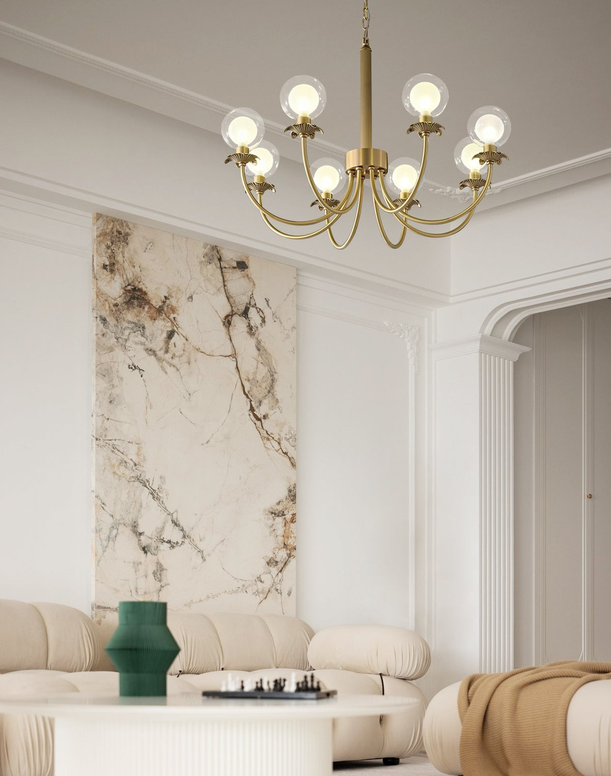 Modern Brass Glass Globe Chandelier - 02 02-scene-brass-glass-globe-chandelier-lounge