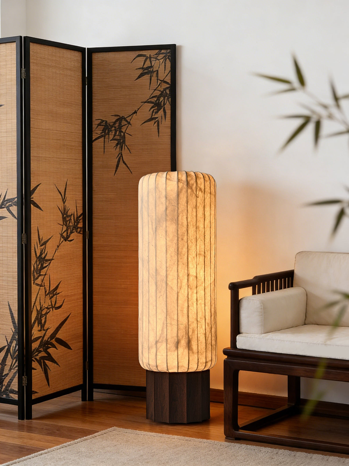 Modern Mulberry Silk Cylinder Table and Floor Lamp with Walnut Wood-Grain Base - 02 02-scene-floor-lamp-lounge