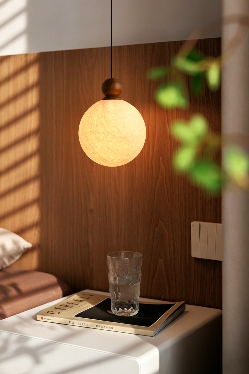 Modern Mulberry Silk Globe Pendant Light in Dark Walnut - 02 02-scene-globe-pendant-bedroom