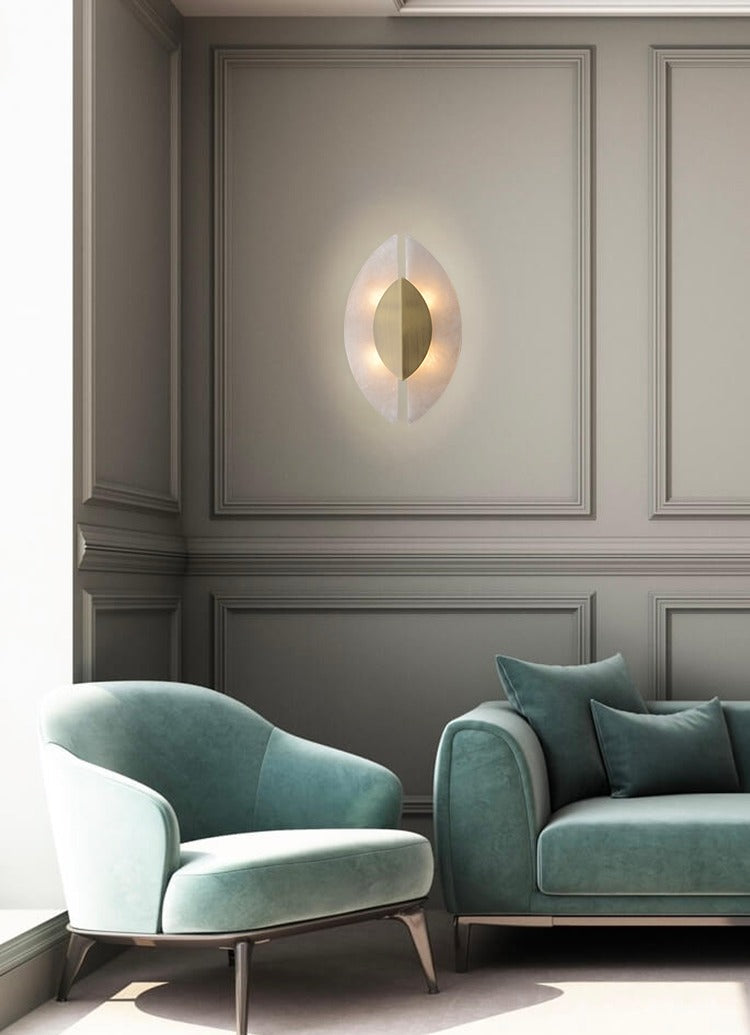 Modern Alabaster Leaf Wall Sconce in Antique Brass - 02 02-scene-living-room