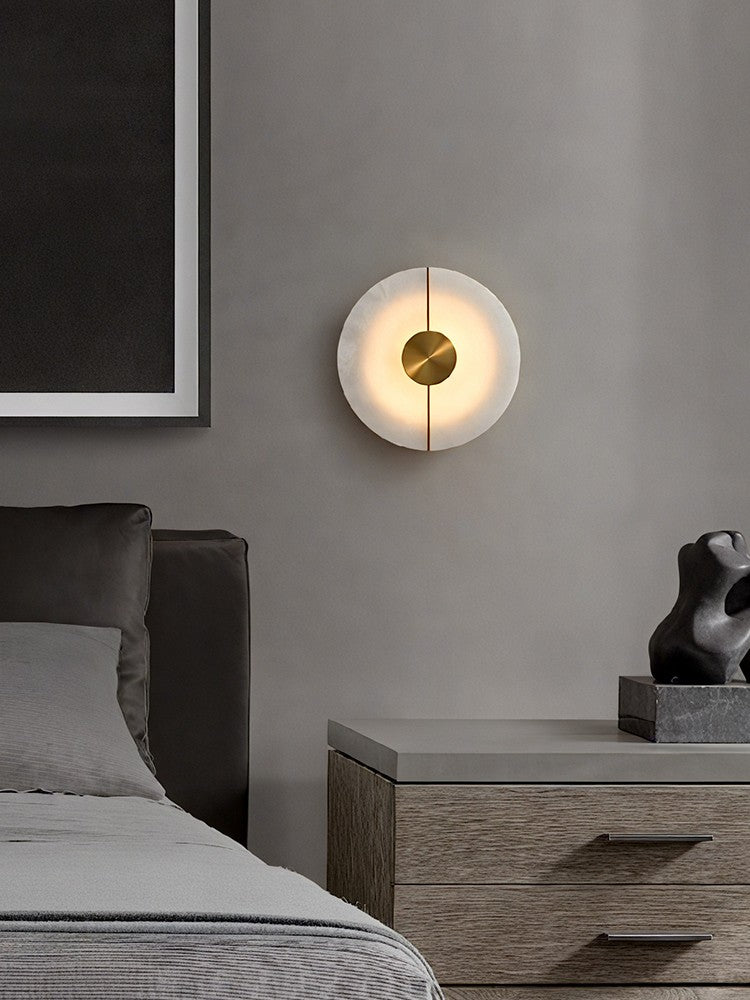 Modern Snowflake Alabaster Round Wall Sconce in Natural Brass - 02 02-scene-living-room