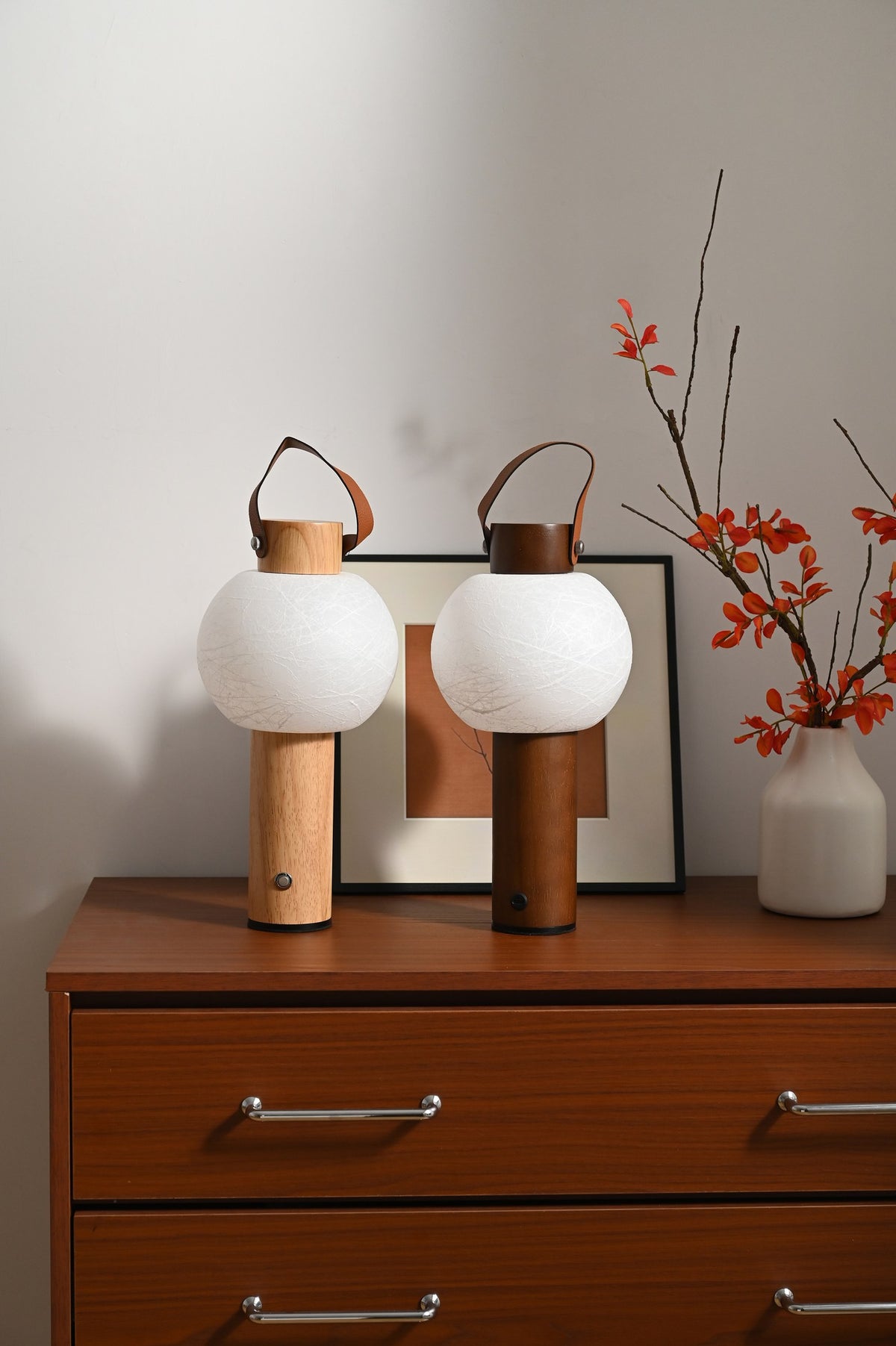 Portable Silk-Effect Acrylic Table Lamp in Wood Finishes - 02 02-scene-portable-lamp-bedroom