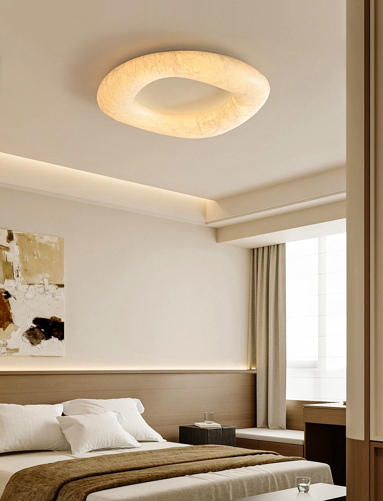 Modern Mulberry Silk Ring Ceiling Light in White - 02 02-scene-ring-ceiling-light-bedroom-alt