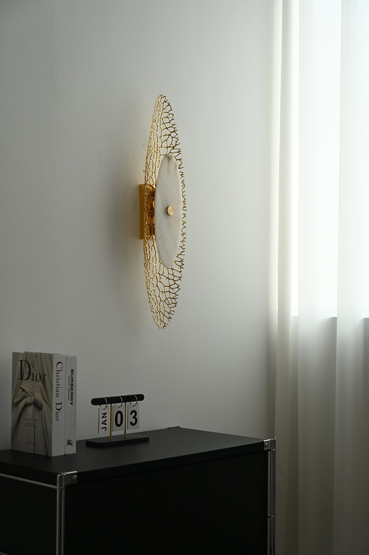 Modern Alabaster Coral Wall Sconce in Natural Brass - 02 02-scene-side