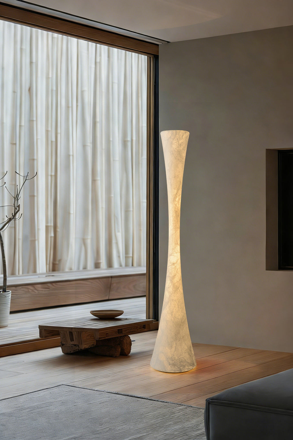 Handmade Mulberry Silk Hourglass Floor Lamp in White - 02 02-scene-silk-hourglass-floor-lamp-window-side