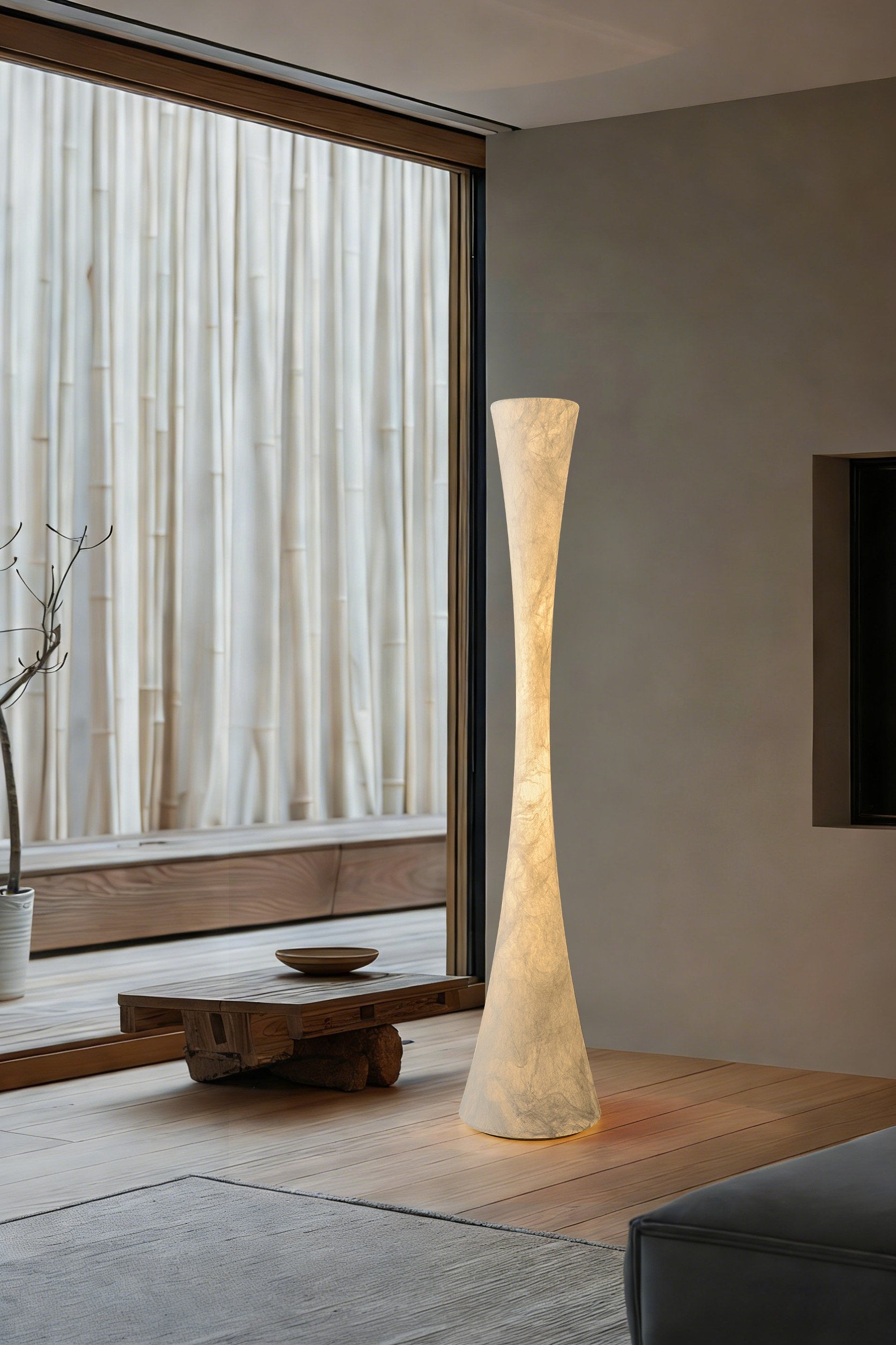 Handmade Mulberry Silk Hourglass Floor Lamp in White - 02 02-scene-silk-hourglass-floor-lamp-window-side