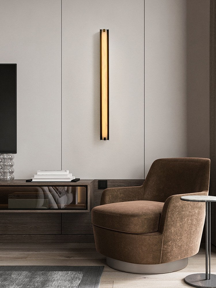 Modern Spanish Alabaster Linear Wall Sconce in Antique Brass - 02 02-scene-spanish-alabaster-wall-sconce-living-room