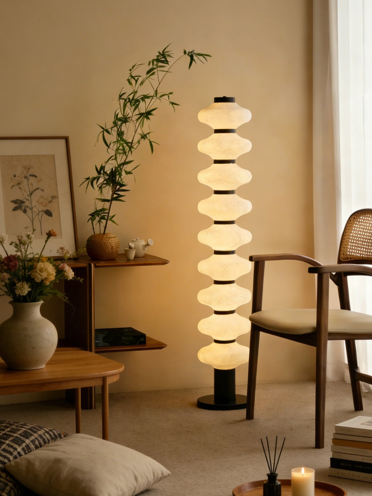 Modern Mulberry Silk Stacked Floor Lamp in Matte Black and White - 02 02-scene-stacked-floor-lamp-lounge