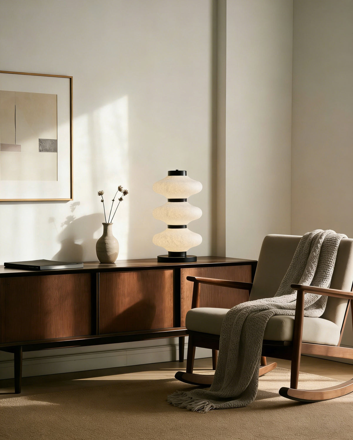 Modern Mulberry Silk Stacked Table Lamp in Matte Black and White - 02 02-scene-stacked-table-lamp-living-room