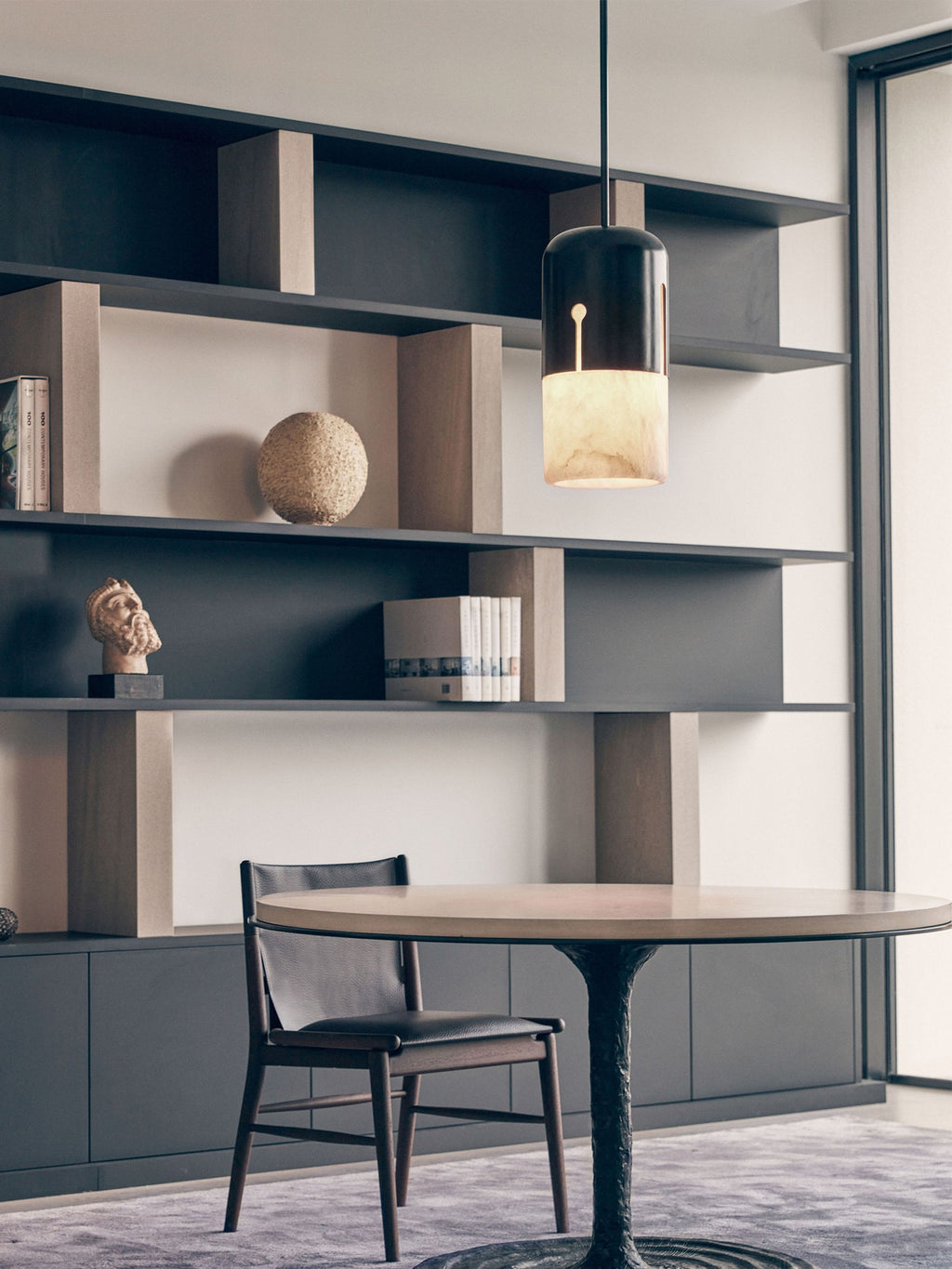 Modern Spanish Alabaster Cylinder Pendant Light in Matte Black - 02 02-scene-study