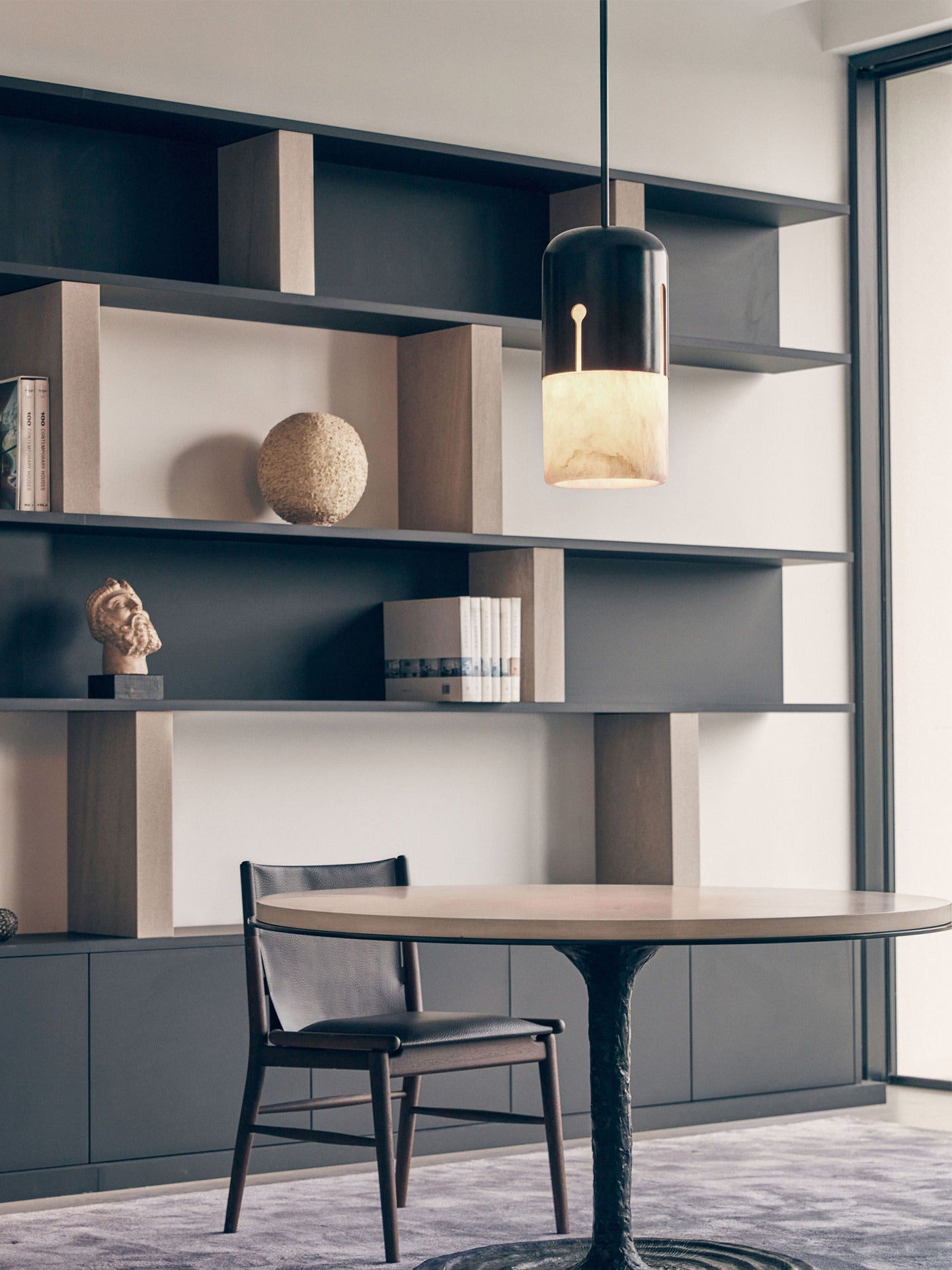 Modern Alabaster Cylinder Pendant Light in Matte Black - 02 02-scene-study