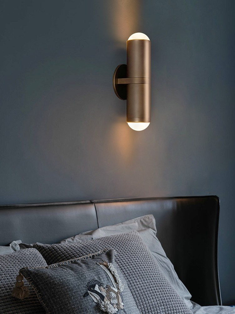 Modern Crystal Glass Cylinder Wall Sconce in Vintage Bronze - 02 02-scene-vintage-bronze-crystal-wall-sconce-bedroom