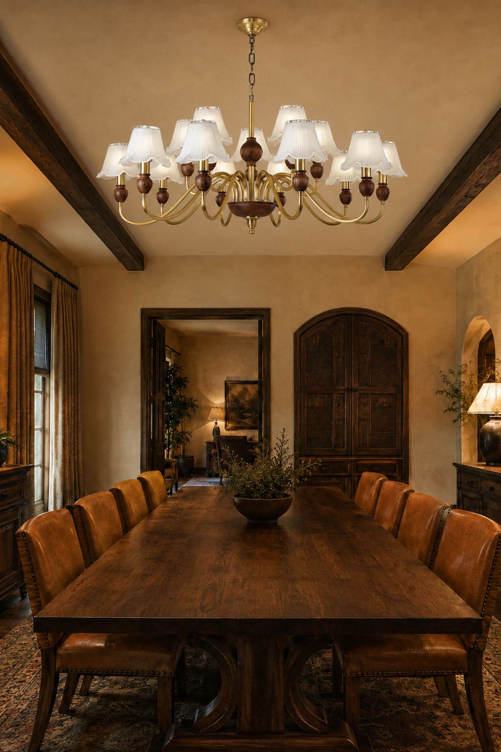 Sorrelune 15-light two-tier scalloped glass chandelier above a long dining table