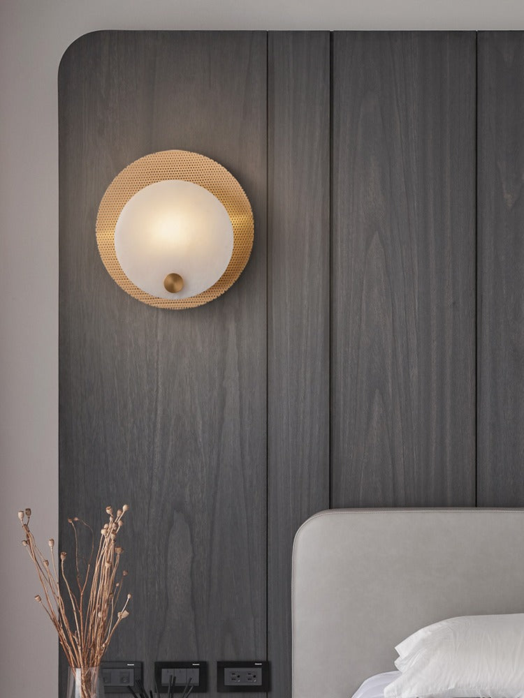 Modern Perforated Copper Alabaster Round Wall Sconce - 15 02-source-bedroom-feature-wall-sconce-scene