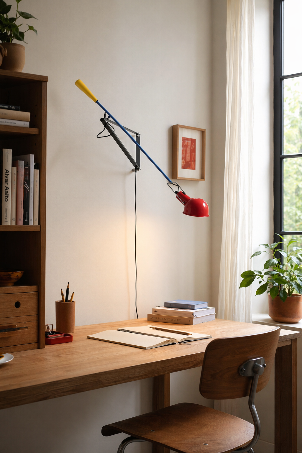 Red swing-arm wall lamp 7014 above a studio desk