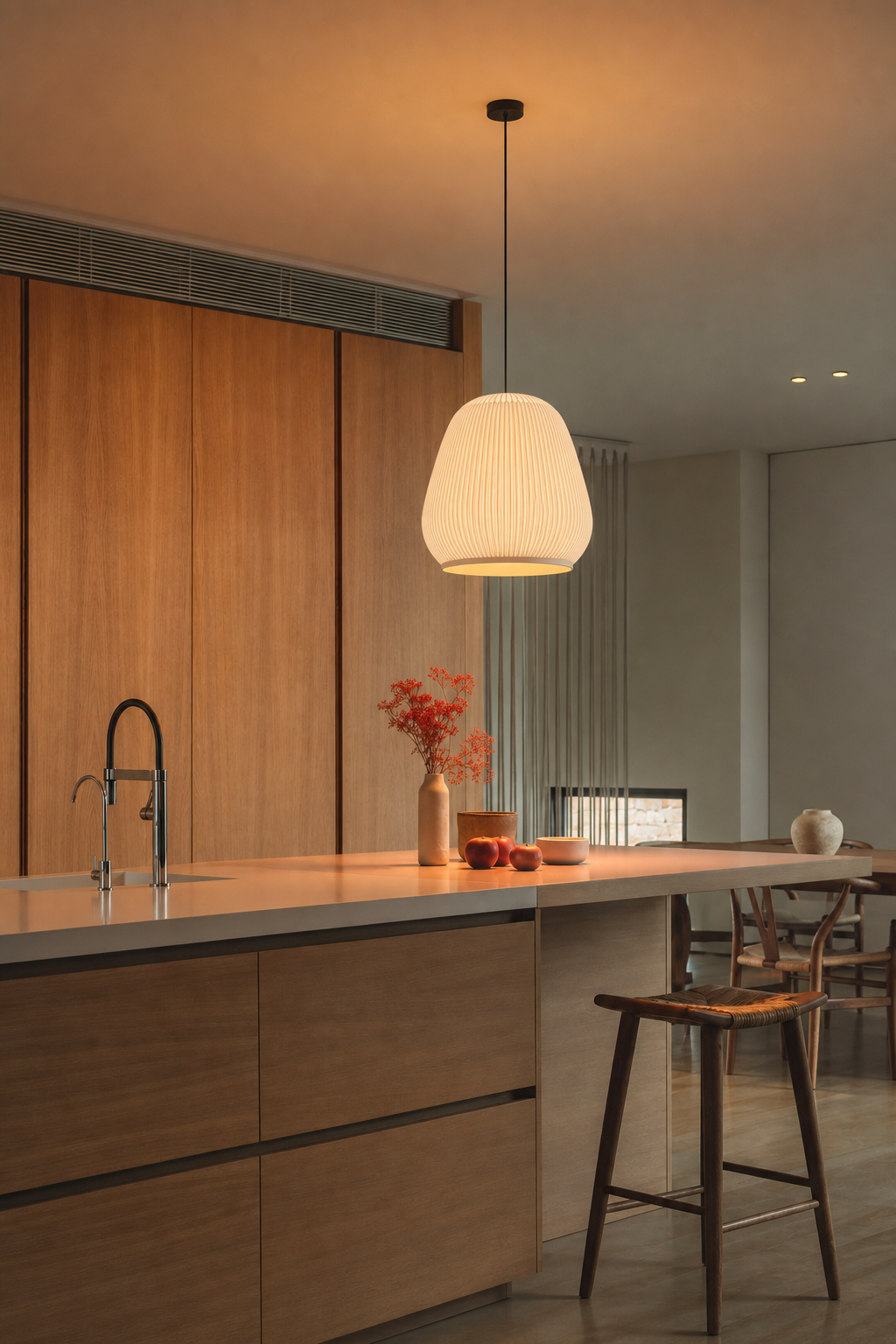 Tall ribbed textile pendant light above a warm wood kitchen island