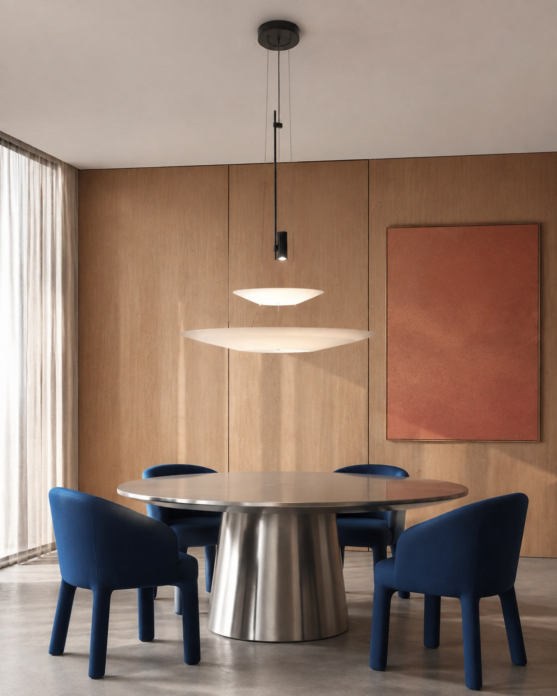 Two-tier layered acrylic disc pendant above a brushed steel table with cobalt seating