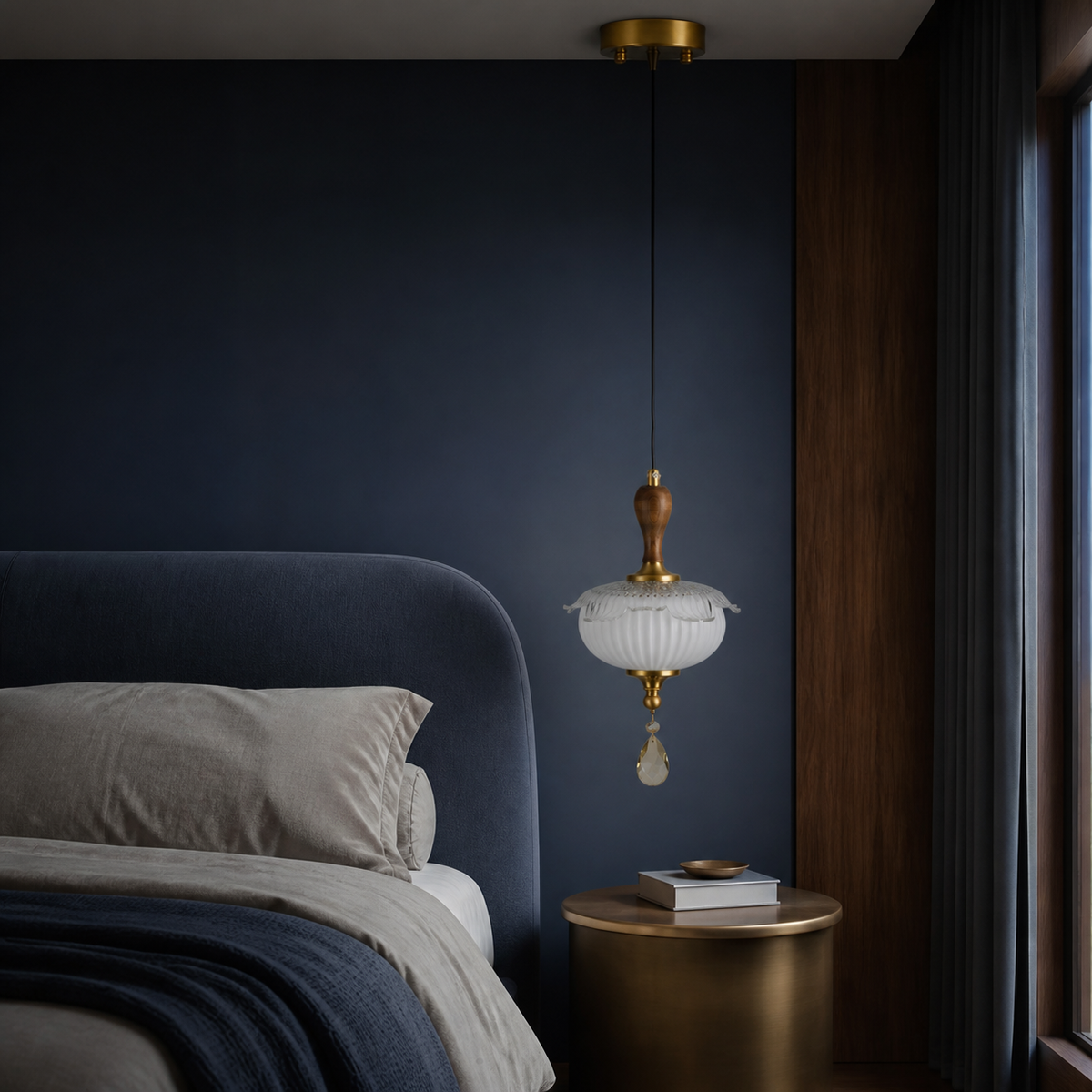 Unlit Valloren Pendant B placed off-center in a midnight blue bedroom with a flush ceiling canopy