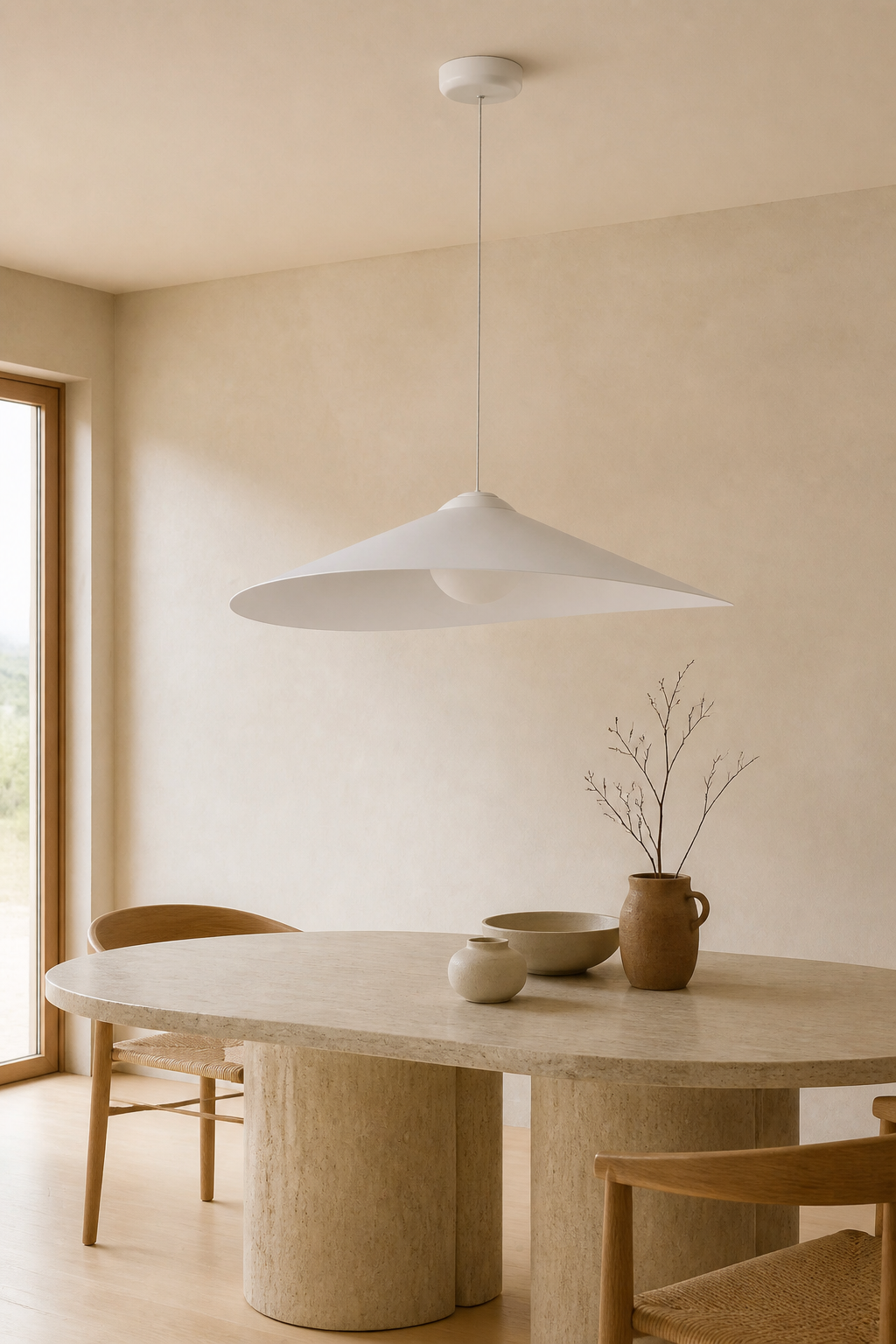 Velaire Sculptural Wing Pendant Light 70 cm centered above a dining table with a flush ceiling canopy