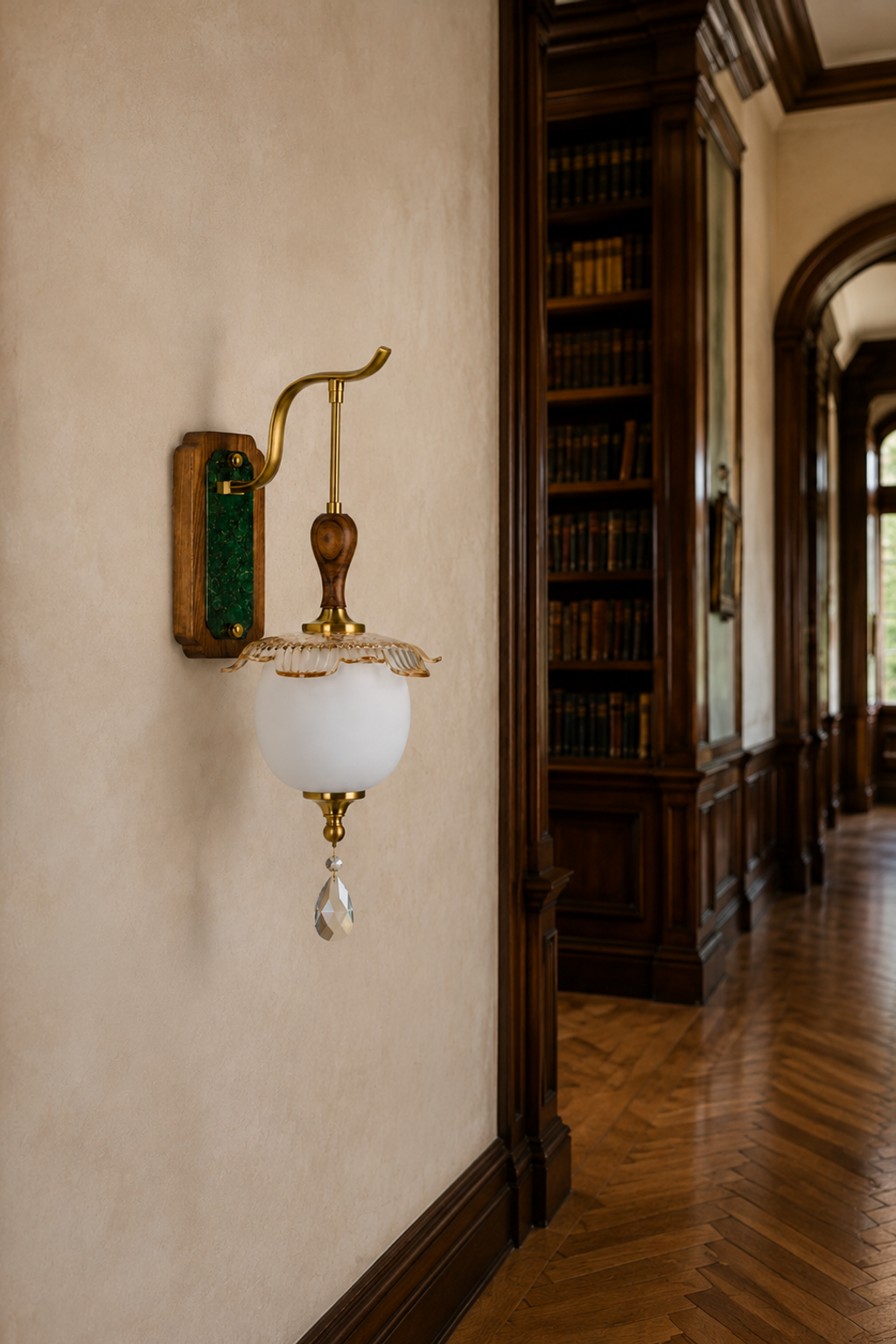 Unlit Virdelune rounded opal dome wall sconce shown in natural daylight with the complete wall plate visible