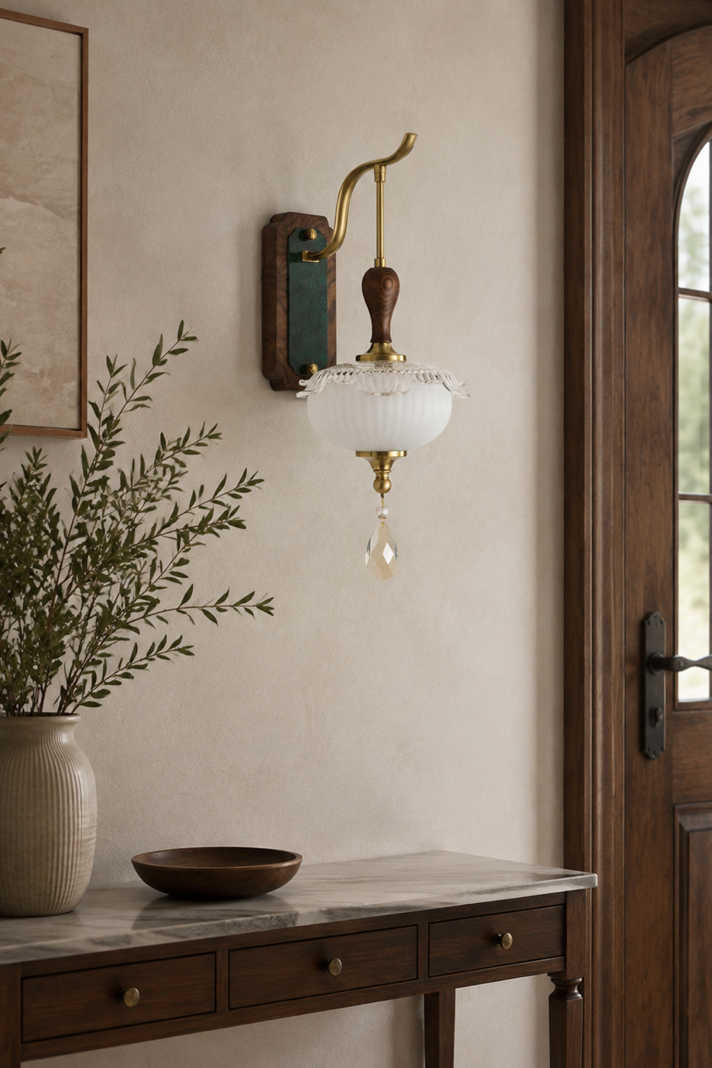 Unlit Virdelune shallow fluted bowl wall sconce shown in natural daylight with the complete wall plate visible