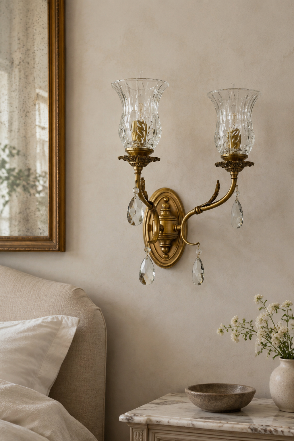 Unlit Vitrelaine two-light hurricane glass wall sconce in an editorial wall setting
