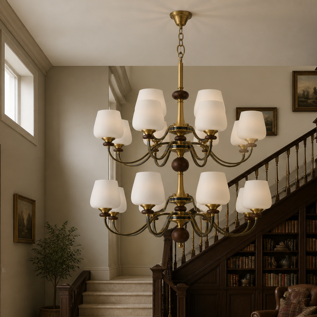 Unlit Wetherby two-tier chandelier in a double-height English library stair hall with a short chain and flush ceiling canopy