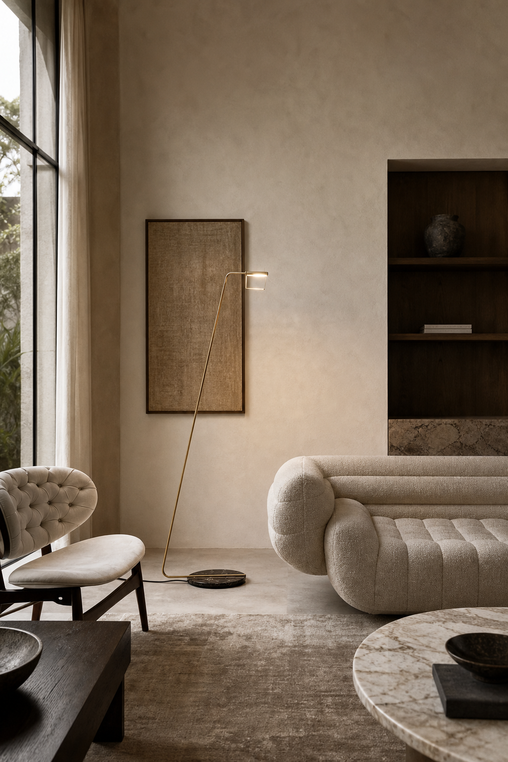 Antique Brass Marble LED Floor Lamp styled in a living room, view 2
