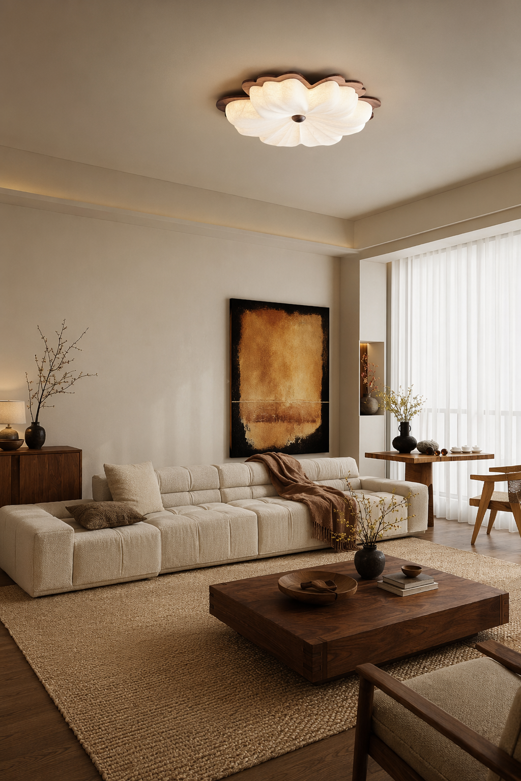 Modern Mulberry Silk Flower Ceiling Light in Walnut and White - product image 02