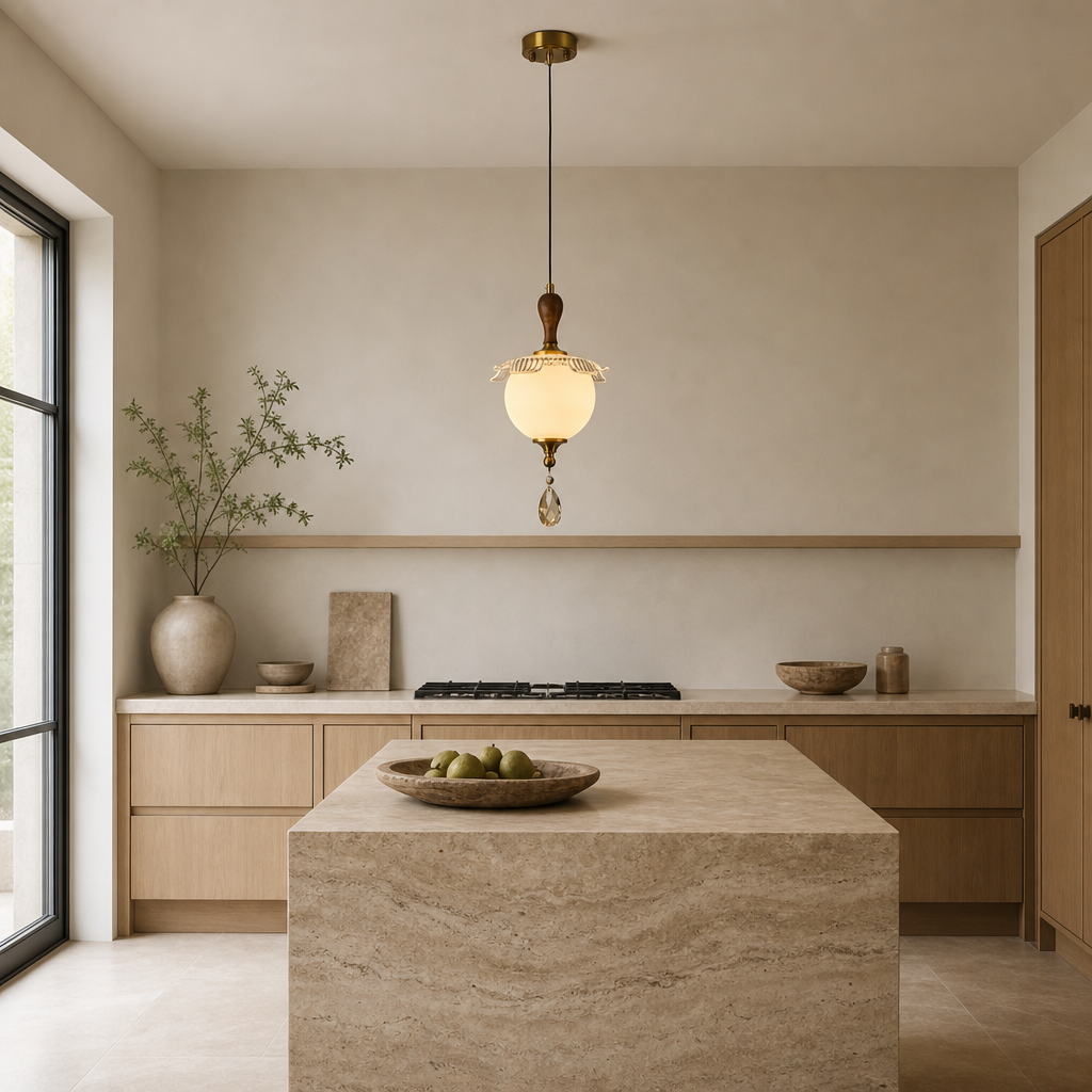 Arabelle Pendant B centered above a travertine kitchen island