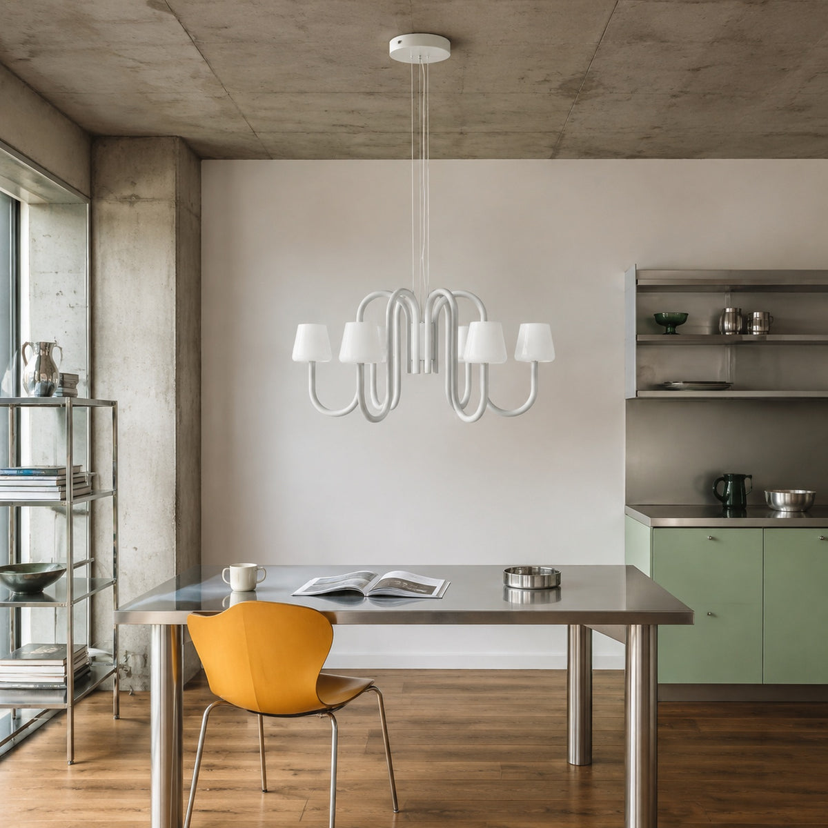 Apollo six-light chandelier in a concrete and stainless steel creative loft