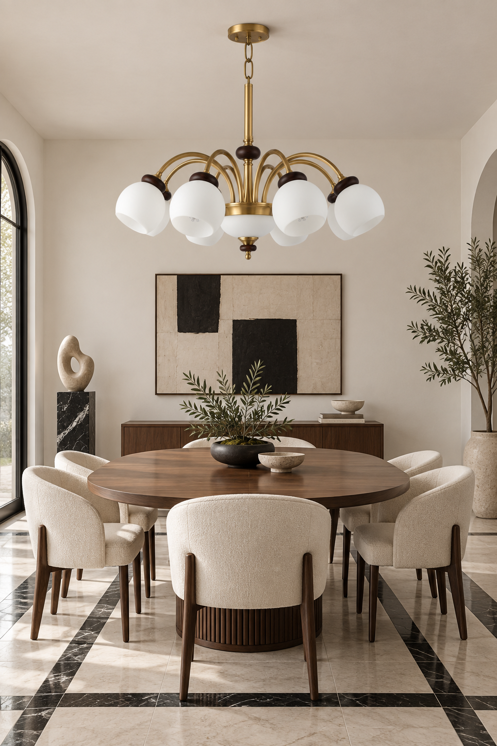 Arborenne eight-light chandelier centered above an oval walnut table in a black-and-ivory gallery dining room, fixture off