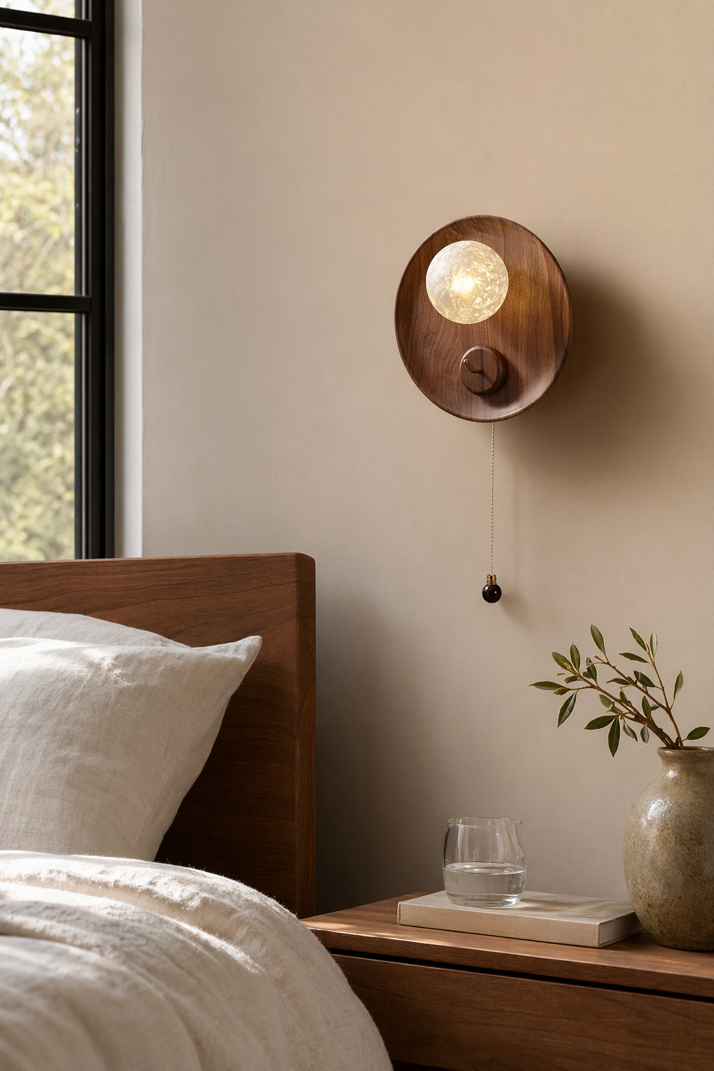 Modern Wood Disc Wall Sconce - generated workflow 03 03-bedroom-bedside-daylight