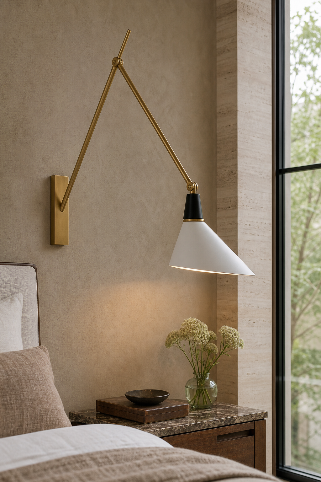Adjustable Brass Wall Sconce — Long Arm sconce beside a bed in daylight
