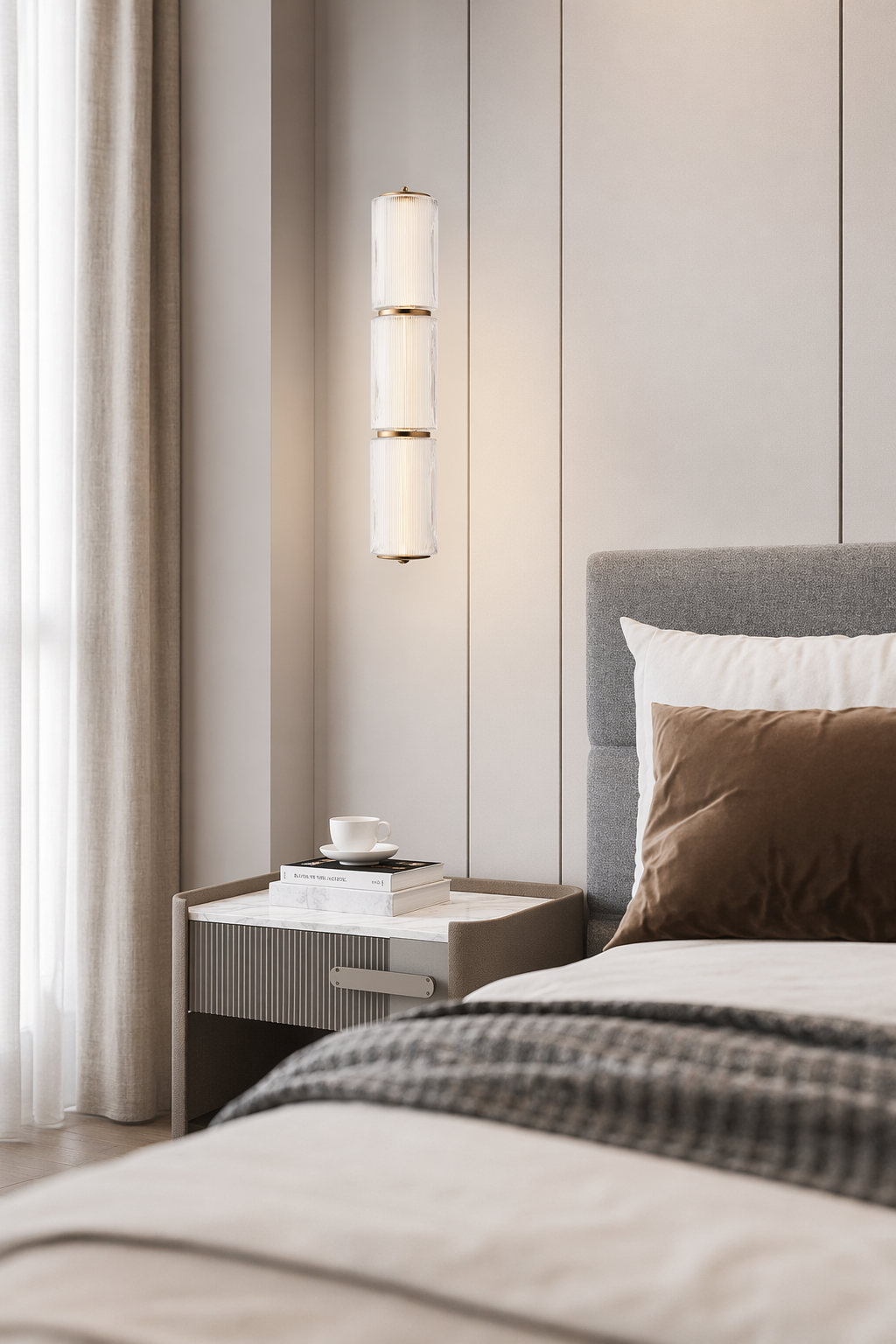 Modern Vertical Multi-Head Wall Sconce - generated workflow 03 03-bedroom-bedside-daylight