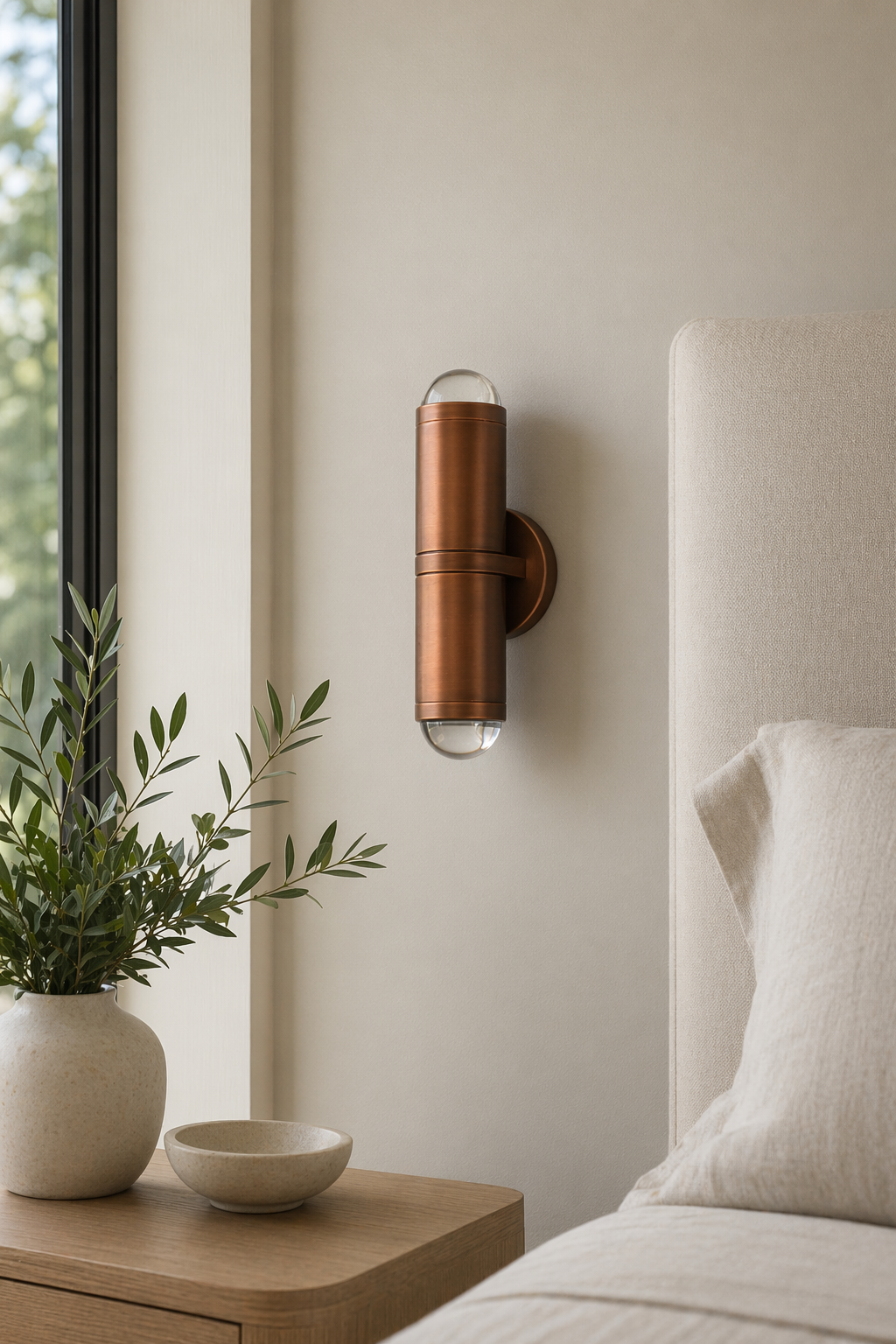 Modern Crystal Glass Cylinder Wall Sconce in Vintage Bronze - generated main 03 03-bedroom-bedside