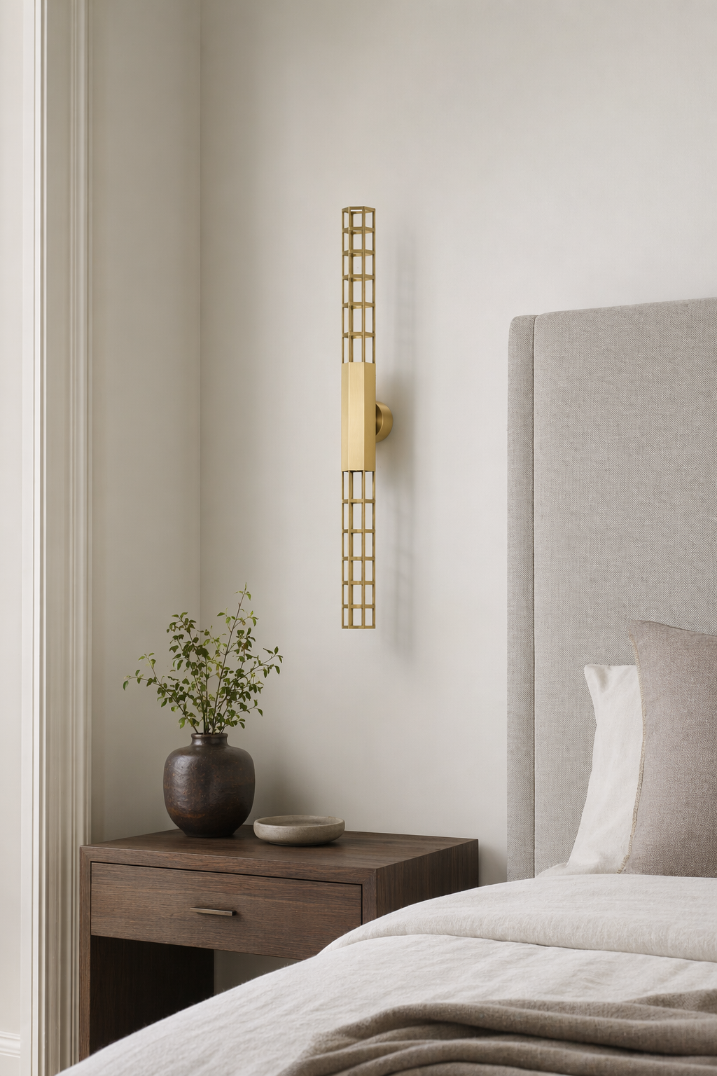 Modern Natural Brass Linear LED Wall Sconce - generated main 03 03-bedroom-bedside