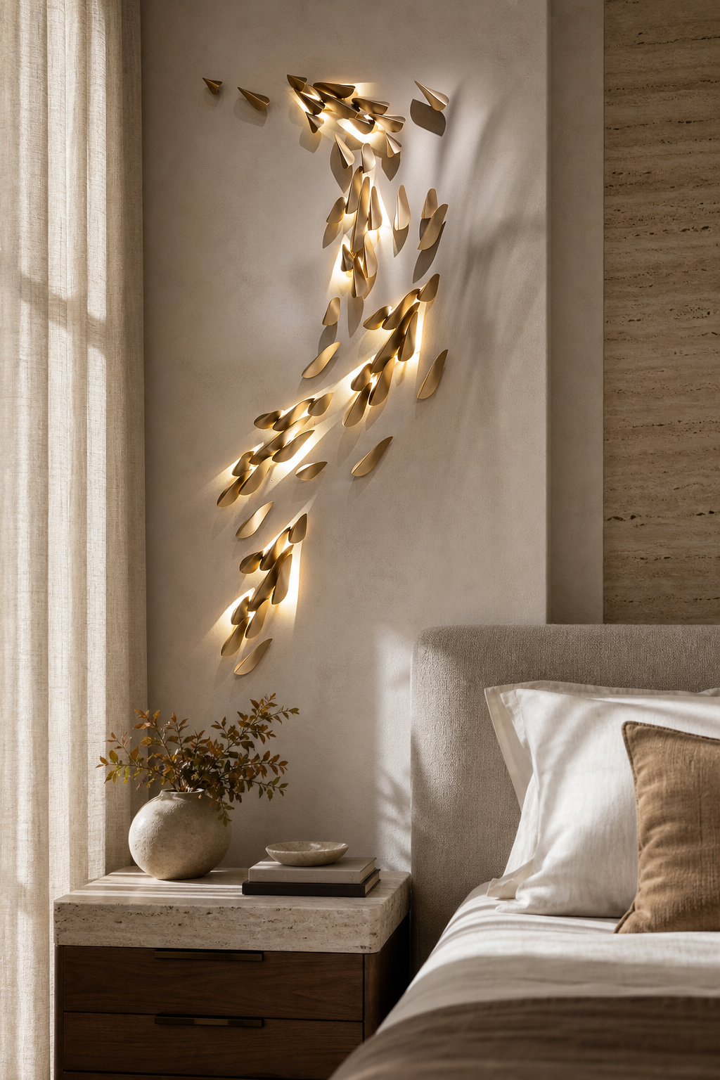 Brass Leaf LED Wall Art Sconce arranged vertically beside a bed