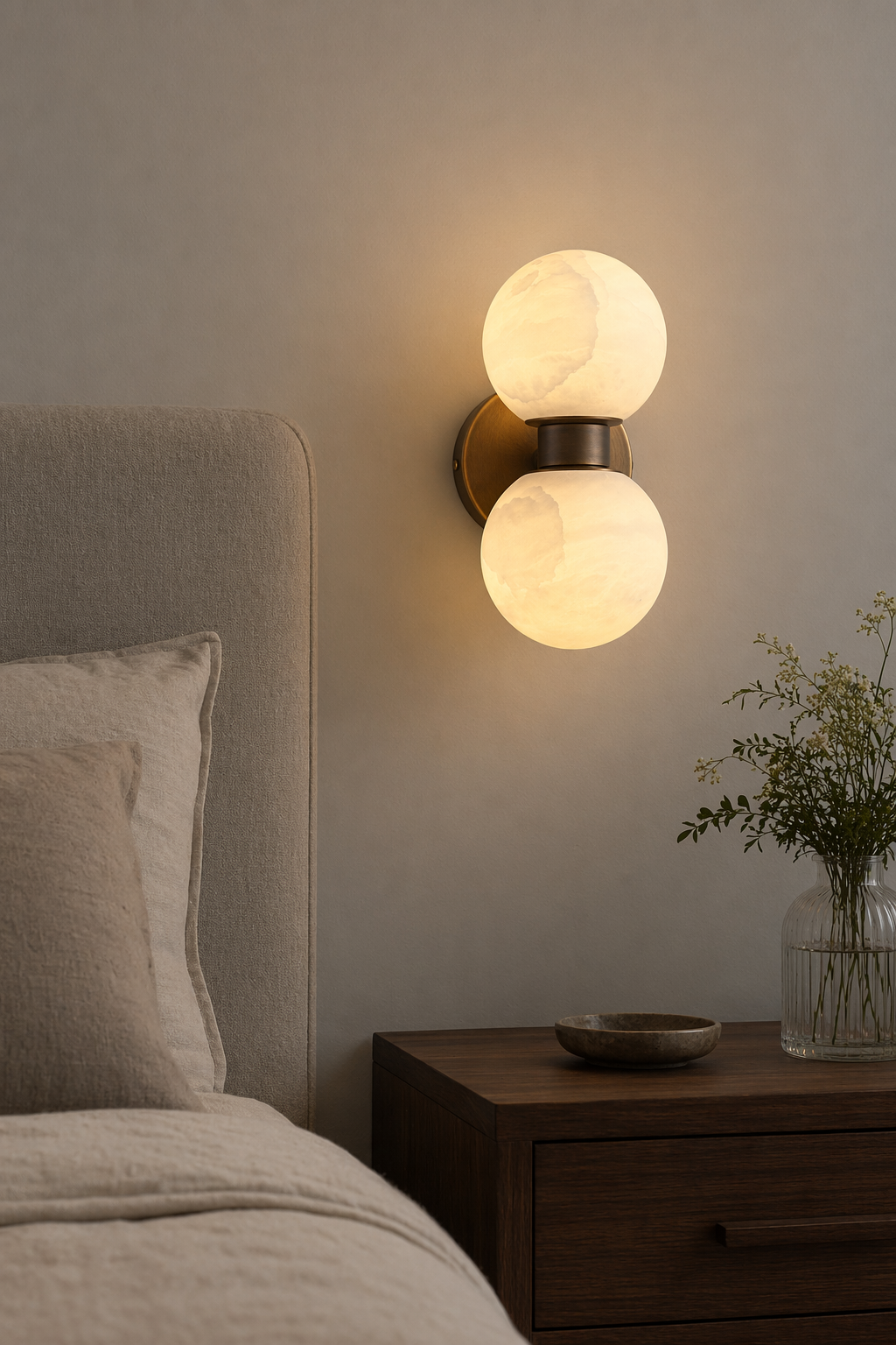 Modern Alabaster Double Globe Wall Sconce in Antique Brass - product image 06