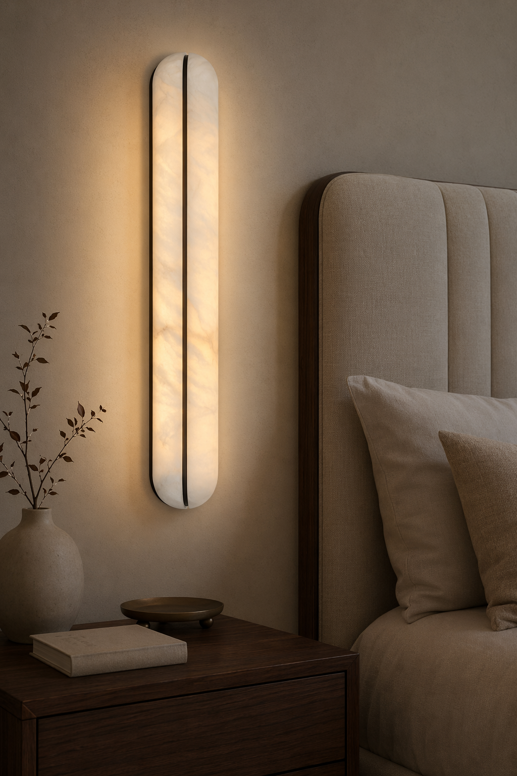 Slim alabaster capsule wall sconce beside a calm upholstered bed