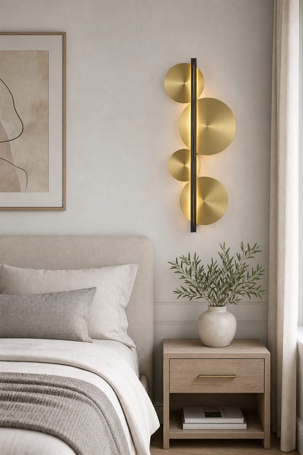 Brass Disc LED Wall Sconce installed beside a bed