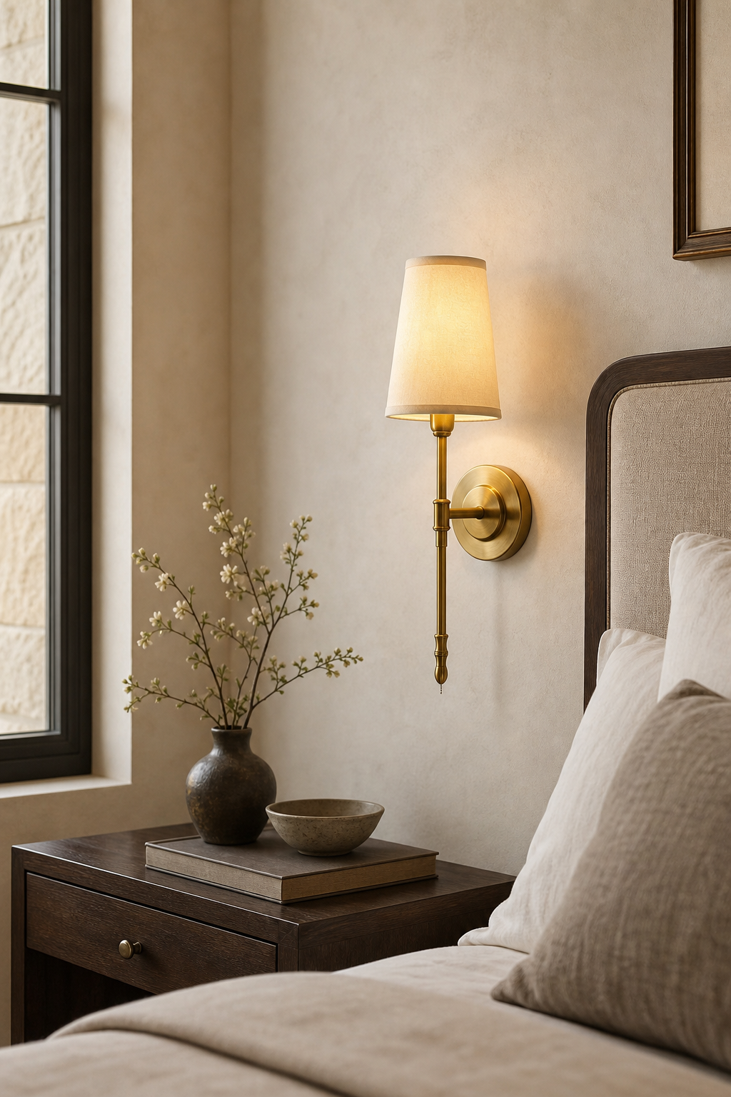 Antique Brass Fabric Shade Wall Sconce bedroom bedside