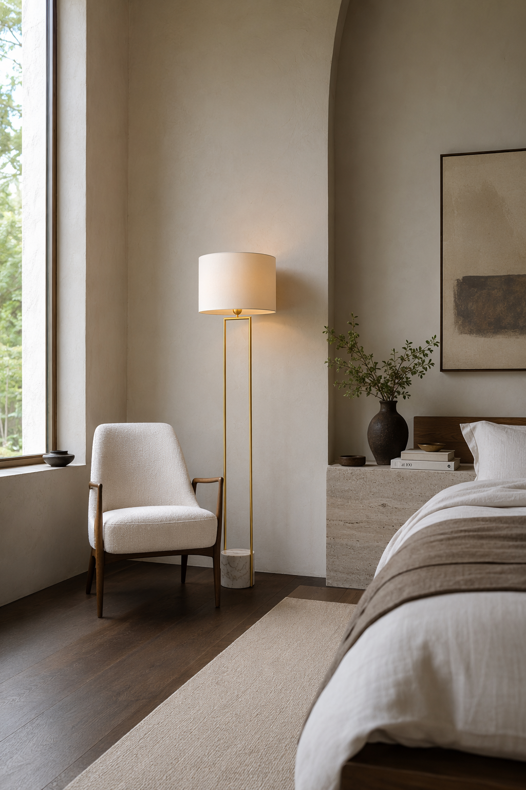 Double-Rod Marble Base Floor Lamp in natural brass styled in a bedroom, view 3