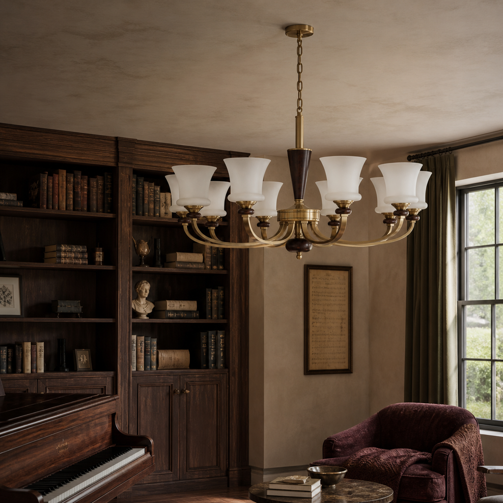 Caldrienne ten-light chandelier unlit in a music library