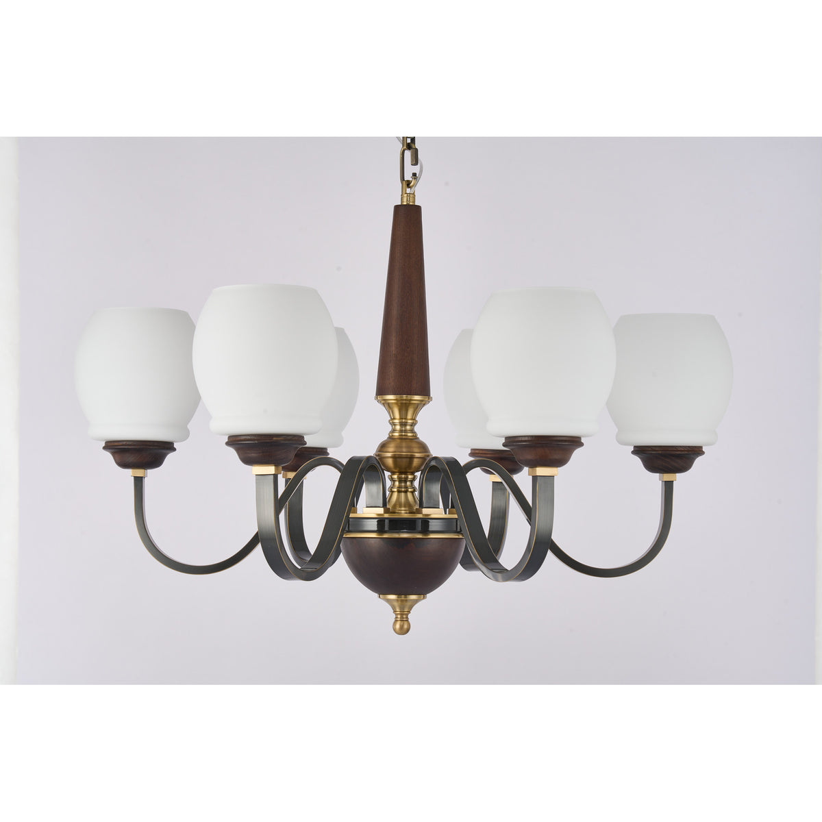 Supplier real photograph of the Caldwell six-light chandelier complete unlit front view
