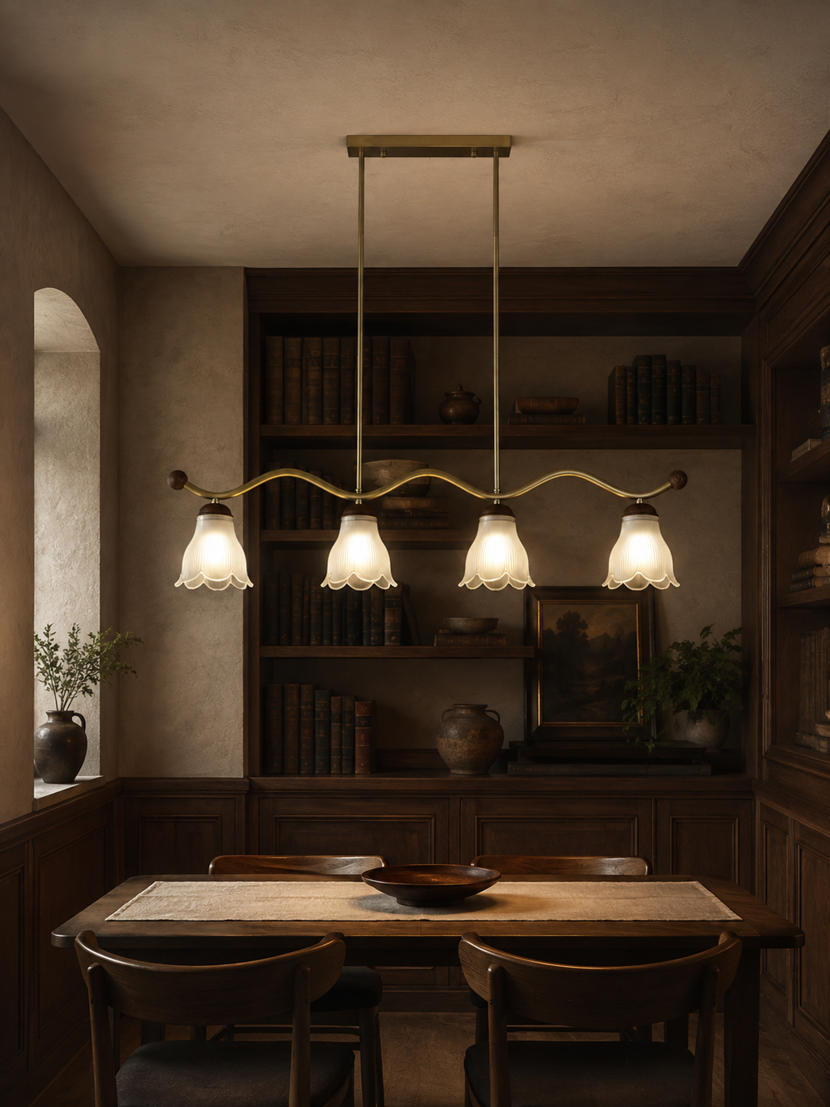 Cloveraine four-light linear chandelier centered in a warm walnut library dining alcove