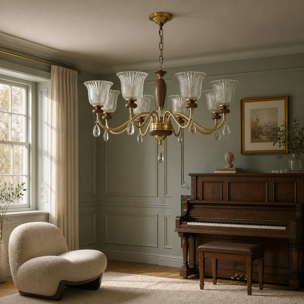 Cognelle eight-light chandelier unlit in a sage music room